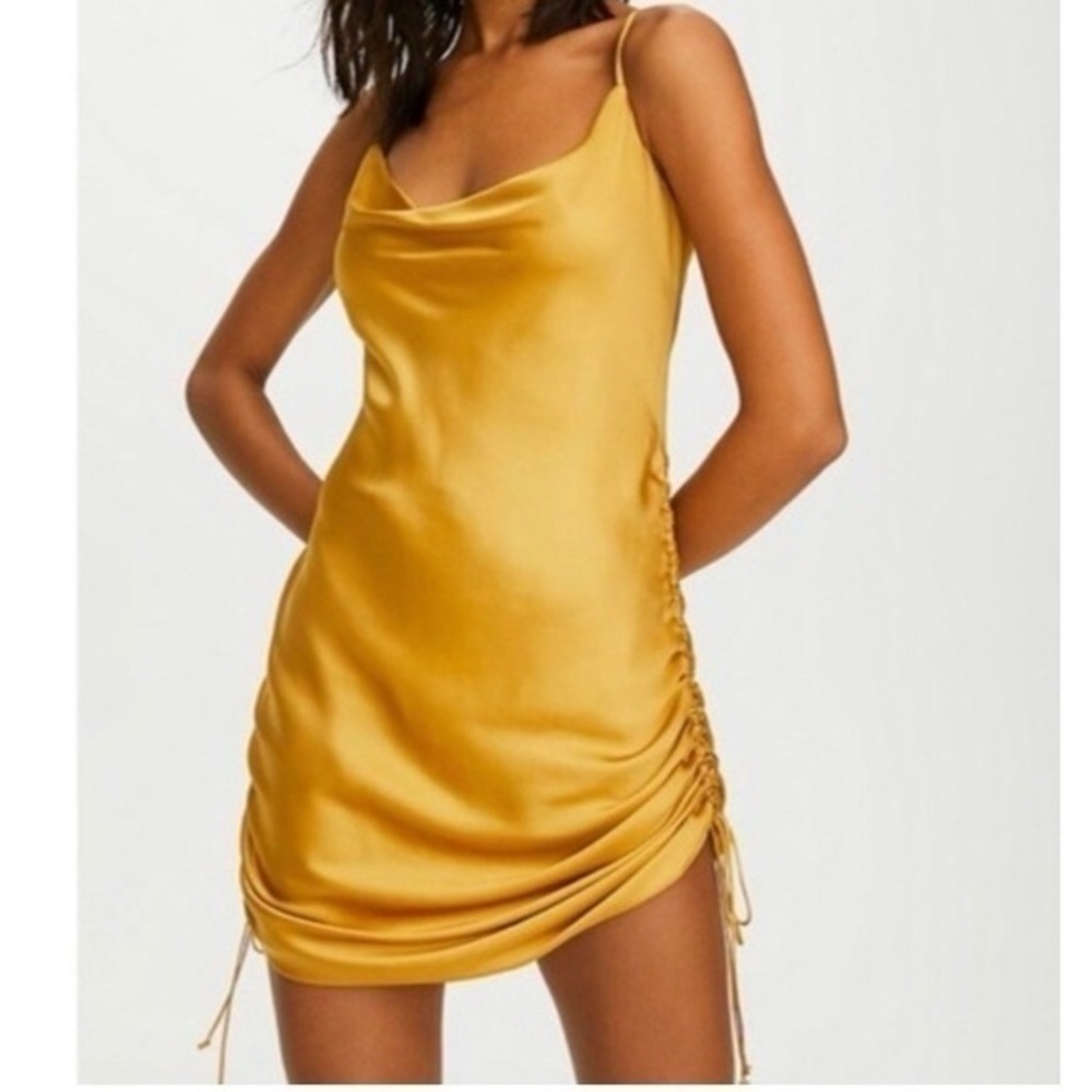 Aritiza Wilfred Only Ruched Satin Slip Mustard Yellow Mini Dress Sz. XS